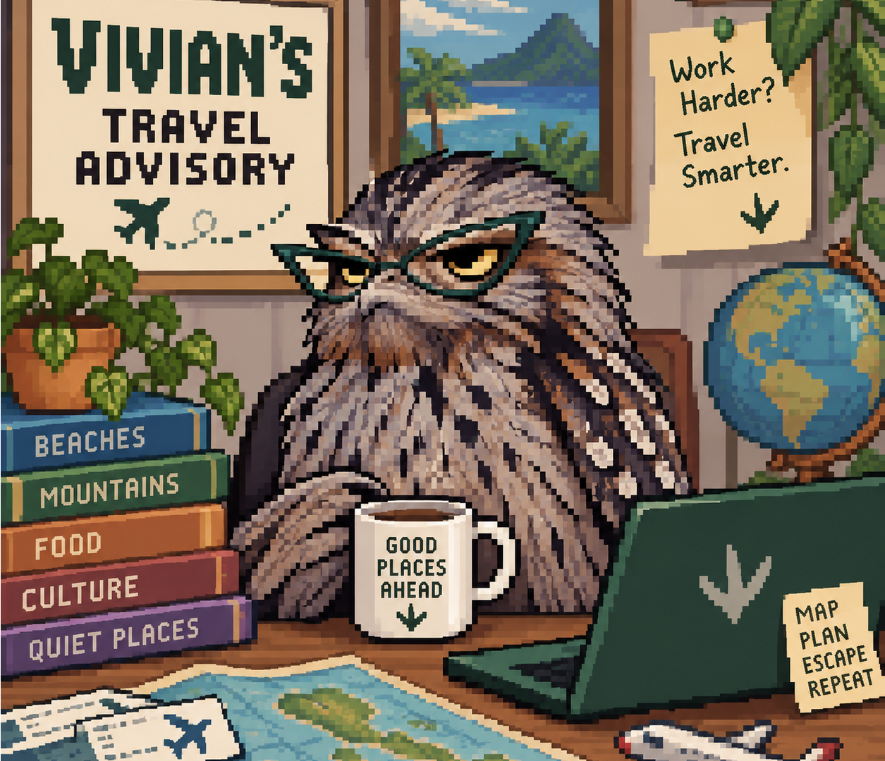 Vivian the Frogmouth at her travel desk